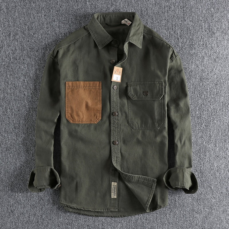 Sleeve patch washed grain woven cotton long sleeve shirt Men&#39;s daily tooling retro trend youth thin coat