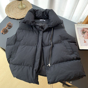 Winter Women&#39;s Vest Stand Collar Zipper Sleeveless Padded Puff Jacket Overcoat Solid Color Loose Drawstring Waistcoat Vest Coat
