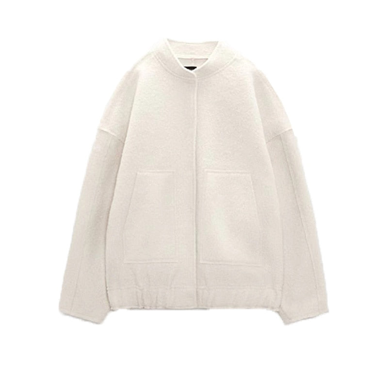 Women&#39;s Casual Loose Stand Collar Jackets 2023 Spring Warm Grey button Long Sleeve Bombers Fashion Plush Solid Female Outwear