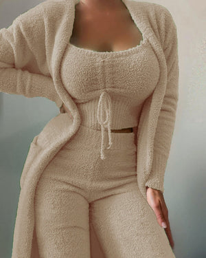 2022 New Autumn Winter Women&#39;s Velvet Pajamas Set Crop Top+Long Pants+Coat 3 Pieces Suit Warm Soft Fleece Homewear Pyjamas S-3XL