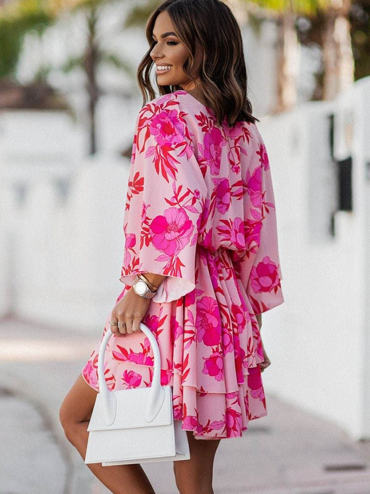 Women&#39;s Sexy V Neck Bat Sleeve Mini Dress Boho Floral Print High Waist Elegant Women Ruffle Office Party Dresses Robe