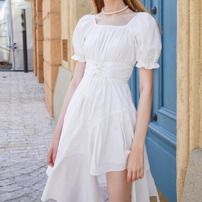 HOUZHOU Women&#39;s White Dress Summer Elegant Vintage Kawaii Puff Sleeve Midi Dress Square Collar Bandage Sundress Goth Outfits