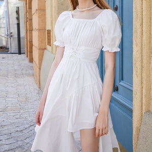 HOUZHOU Women&#39;s White Dress Summer Elegant Vintage Kawaii Puff Sleeve Midi Dress Square Collar Bandage Sundress Goth Outfits