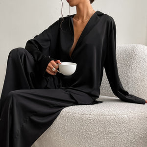 Women's Silk Pajamas Lce Silk Loose Low Cut Sexy Single Breasted Long Sleeved Wide Leg Pants Can Be Worn Externally