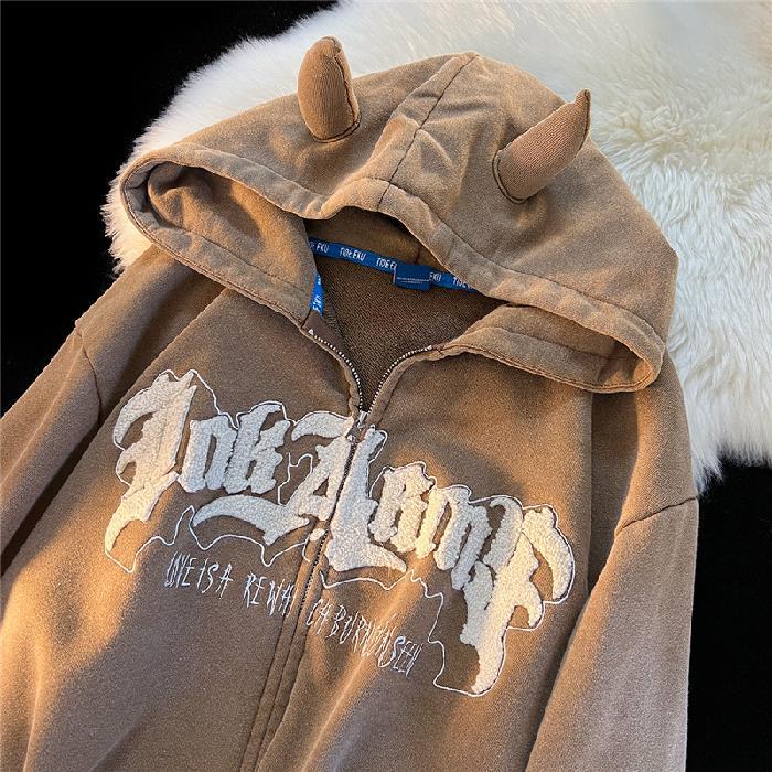 Harajuku Angel Ears Hoodies Women Retro Oversize Zipper Letter Embroidery Sweatshirts Autumn Y2K Long Sleeve Hooded Jackets Tops