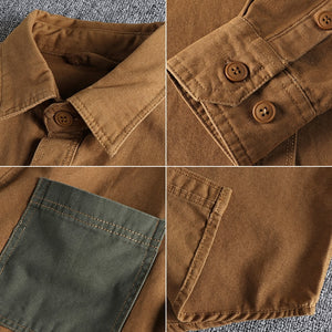 Sleeve patch washed grain woven cotton long sleeve shirt Men&#39;s daily tooling retro trend youth thin coat