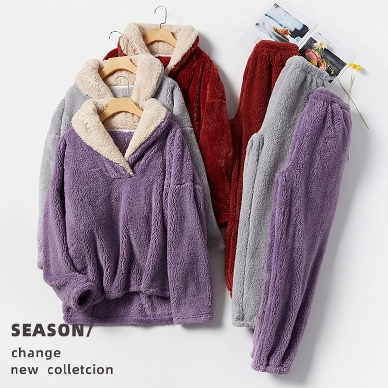 New Pajama Sets Women&#39;s Solid Long Sleeve Winter Woman Fluffy Pijama Suit with Pants Thick Warm Fleece Home Clothes for Female