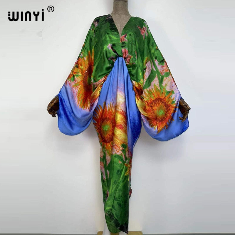 Sexy bech high-quality hand-rolled feel silk rayon fashion print 2021 WINYI Maxi women&#39;s robes long beach V-neck Bohemian dress
