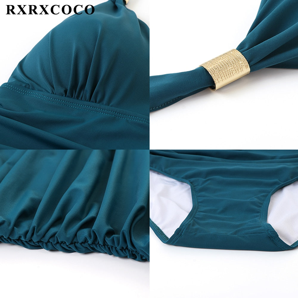 RXRXCOCO Women&#39;s Swimsuit One Piece Push Up Swimwear Women Neck Hanging Backless Sexy Bathing Suit Black Blue Beachwear Swimsuit