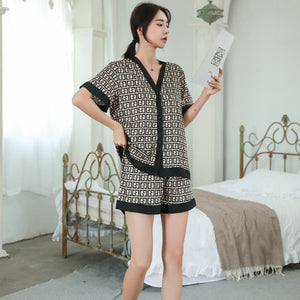 QSROCIO Summer Women's Pajamas Set Luxury Curves Print V Neck Sleepwear Short Casual Faux Silk Homewear 2pcs Nightie Femme