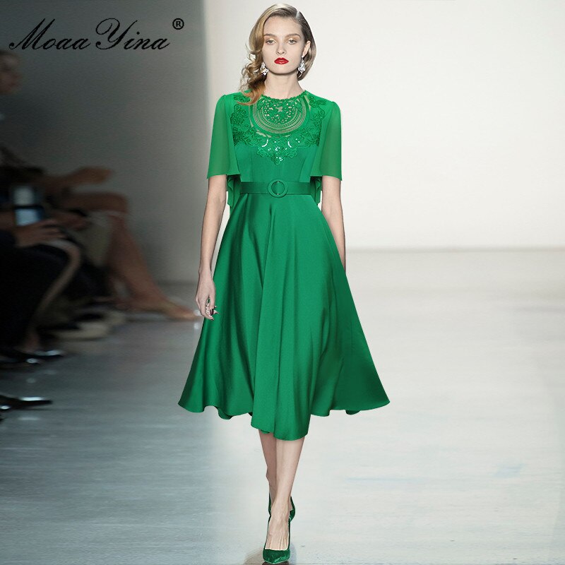 MoaaYina Fashion Designer dress Summer Women&#39;s Dress Butterfly Sleeve Hollow-out Embroidery Sashes Green Party Dresses 2022