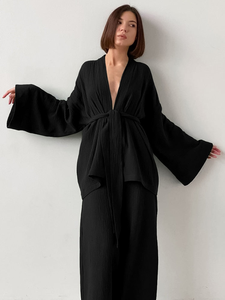 100% Cotton Women&#39;s Nightgown Robe Pajama Sets Flare Nightgown Trouser Suits Drop Sleeves Set Woman 2 Pieces Bathrobe For Women