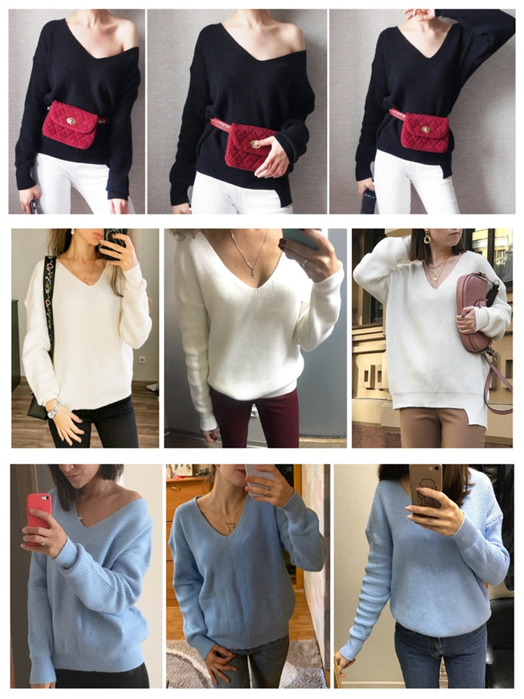 Colorfaith 2022 Winter Spring Women's Knitwear Sexy V-Neck Minimalist Tops Korean Irregular Hem Knitted Casual Sweaters SW8112
