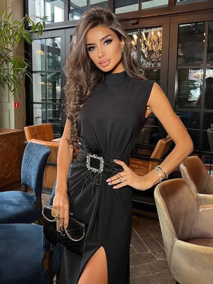 Fashion Black Feather Split Midi Bandage Dress New Summer Women's Sexy Sleeveless Belted Celebrity Club Party Dress Vestidos