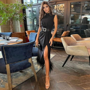 Fashion Black Feather Split Midi Bandage Dress New Summer Women's Sexy Sleeveless Belted Celebrity Club Party Dress Vestidos