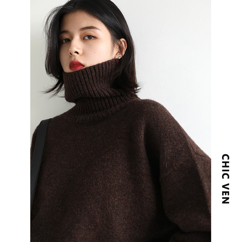 CHIC VEN Korean Women&#39;s Sweater Loose Turtleneck Sweaters Warm Solid Pullover Knitwear Basic Female Tops Autumn Winter 2022