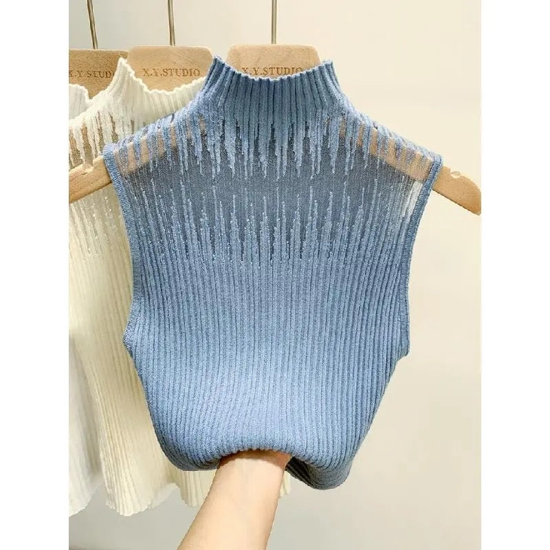 Hollow Out Gauze Tank Top Turtleneck Elegant Sleeveless Design Slim Camis Knitting Solid Chic Corset Summer Women&#39;s Tube Top
