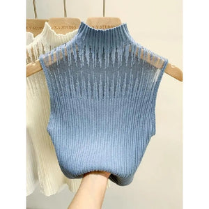 Hollow Out Gauze Tank Top Turtleneck Elegant Sleeveless Design Slim Camis Knitting Solid Chic Corset Summer Women&#39;s Tube Top