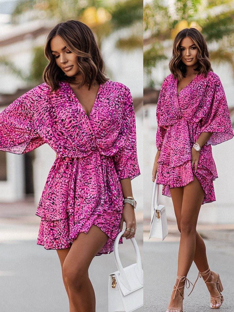 Women&#39;s Sexy V Neck Bat Sleeve Mini Dress Boho Floral Print High Waist Elegant Women Ruffle Office Party Dresses Robe
