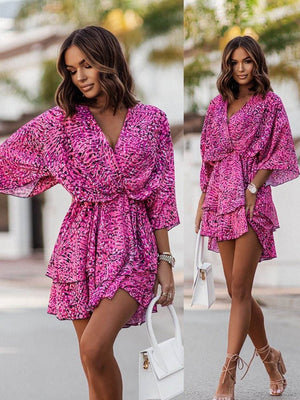 Women&#39;s Sexy V Neck Bat Sleeve Mini Dress Boho Floral Print High Waist Elegant Women Ruffle Office Party Dresses Robe