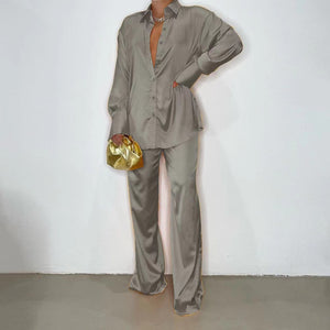 2022 Elegant Satin Women&#39;s Matching Sets Casual Long Sleeve Shirt Straight Pants Suit Female Loose Solid Tops Two Pieces Outfits