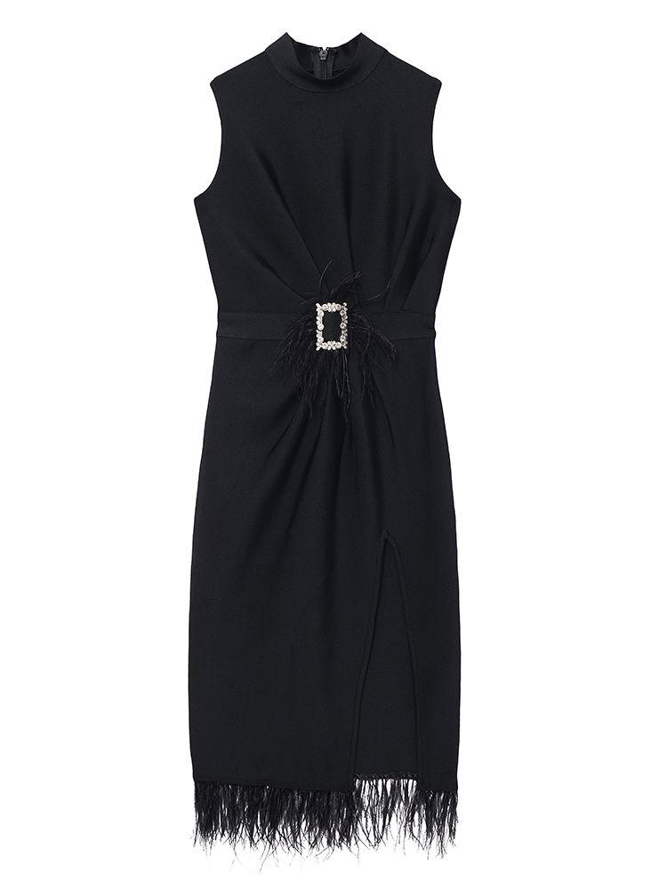 Fashion Black Feather Split Midi Bandage Dress New Summer Women's Sexy Sleeveless Belted Celebrity Club Party Dress Vestidos