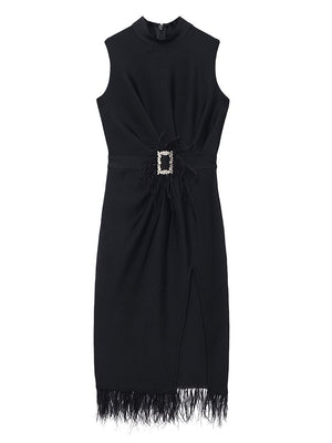 Fashion Black Feather Split Midi Bandage Dress New Summer Women's Sexy Sleeveless Belted Celebrity Club Party Dress Vestidos