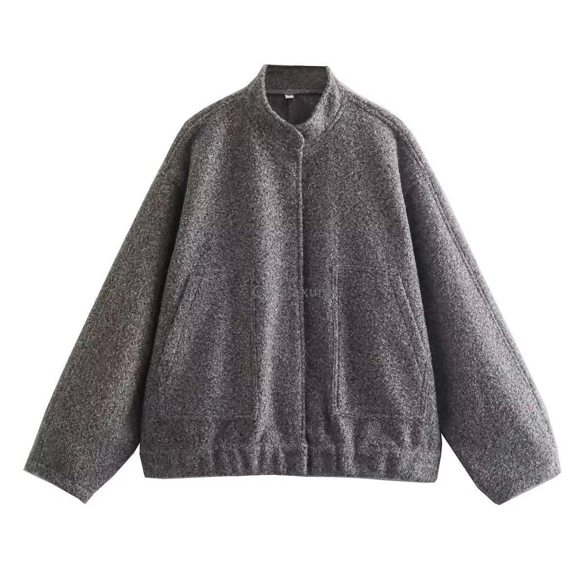 CNlalaxury Women's Bombers Grey With Buttons Long Sleeve Jackets Coat 2023 Spring Winter Female Warm With Pockets Casual Outwear