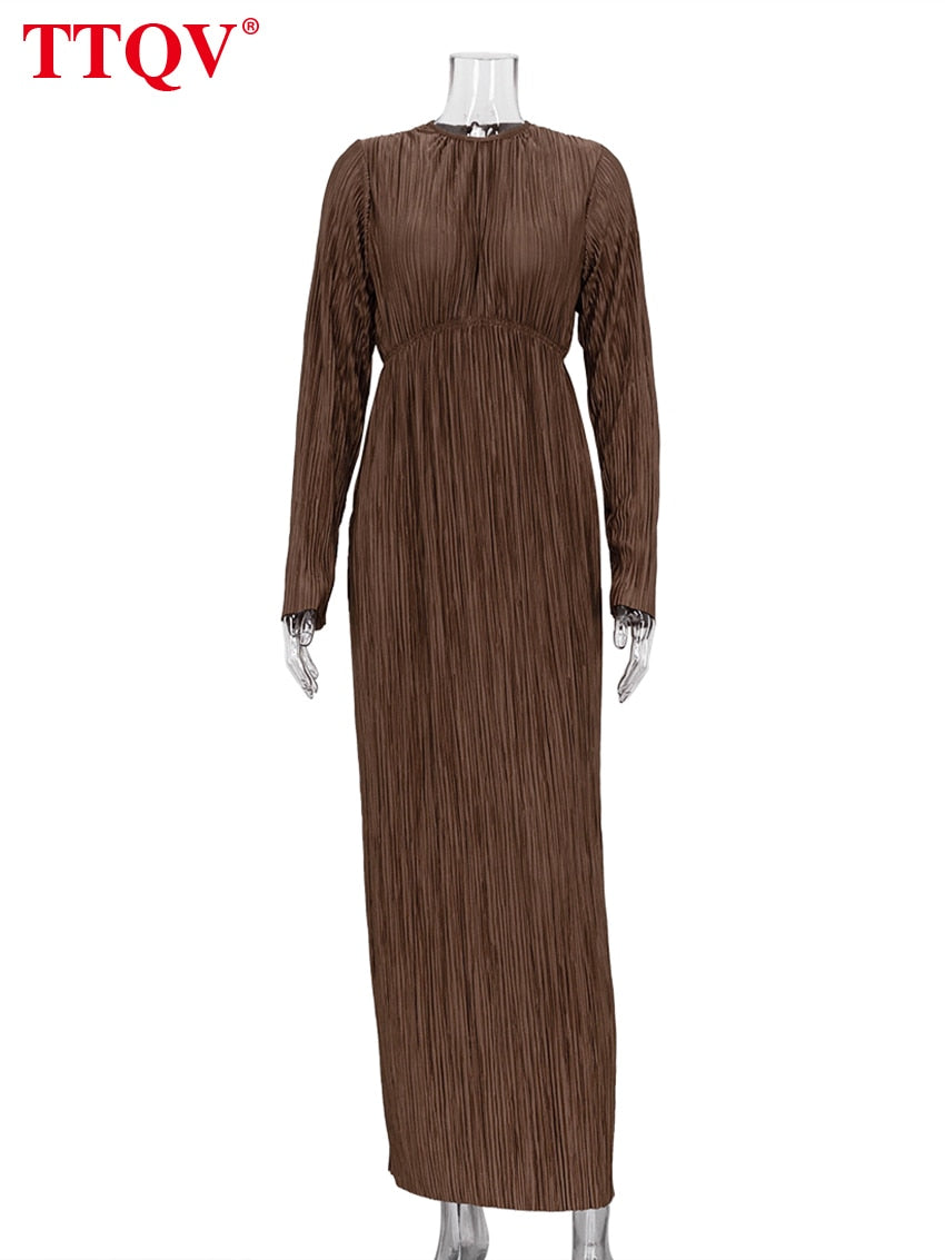 TTQV Winter O-Neck Green Women&#39;S Dress Elegant Long Sleeve Bodycon Midi Dresses Female Casual Pleated Dress For New Year 2022