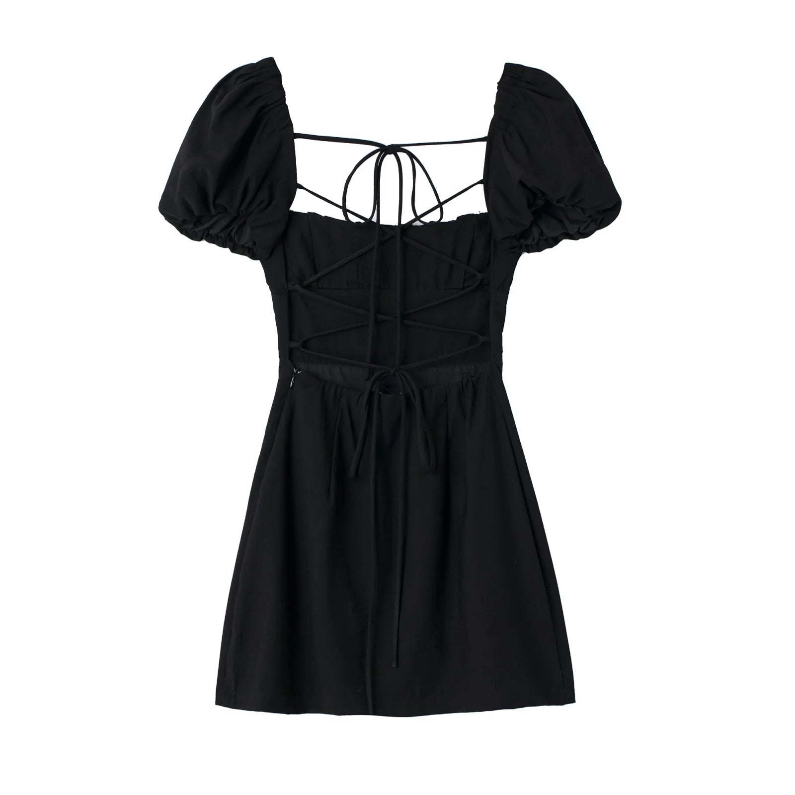 XNWMNZ women white fashion linen blend dress female square neck short puff sleeves backless crossover straps dress for women's