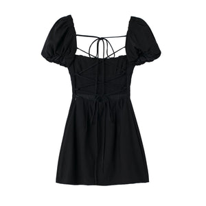 XNWMNZ women white fashion linen blend dress female square neck short puff sleeves backless crossover straps dress for women's