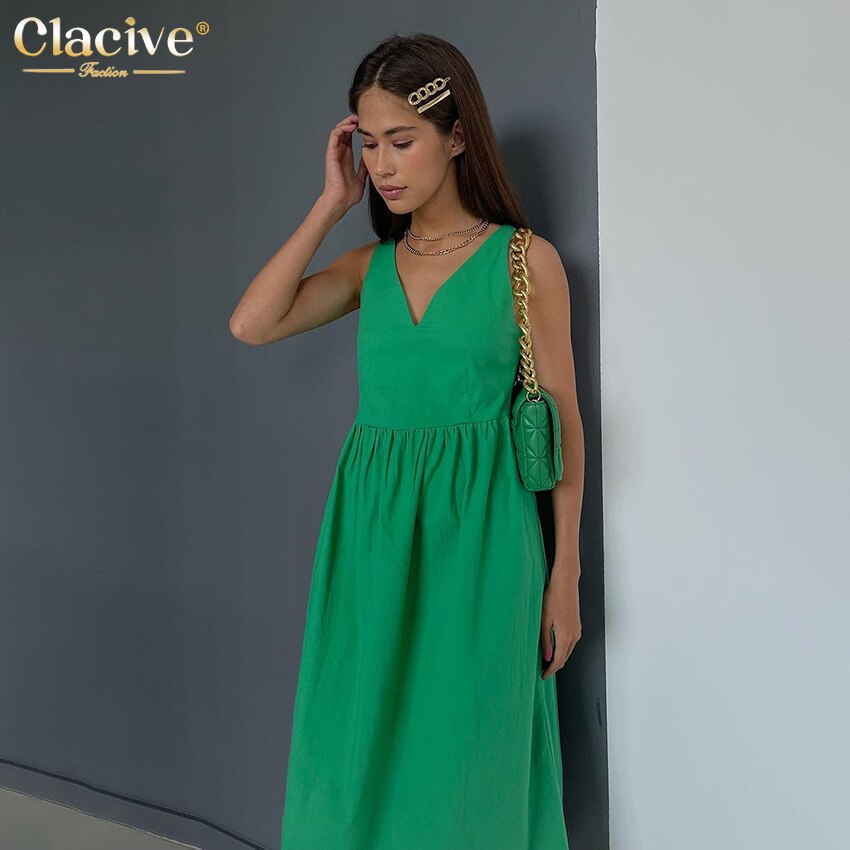 Clacive Summer V-Neck Green Women'S Dress 2022 Casual Loose Sleeveless Office Midi Dresses Elegant Classic Ruched Female Dress