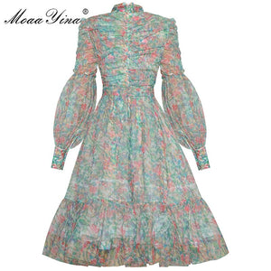 MoaaYina Fashion Designer dress Spring Women&#39;s Dress Stand collar Lantern Sleeve Lace-up Mesh Ruched Print Ball Gown Dresses