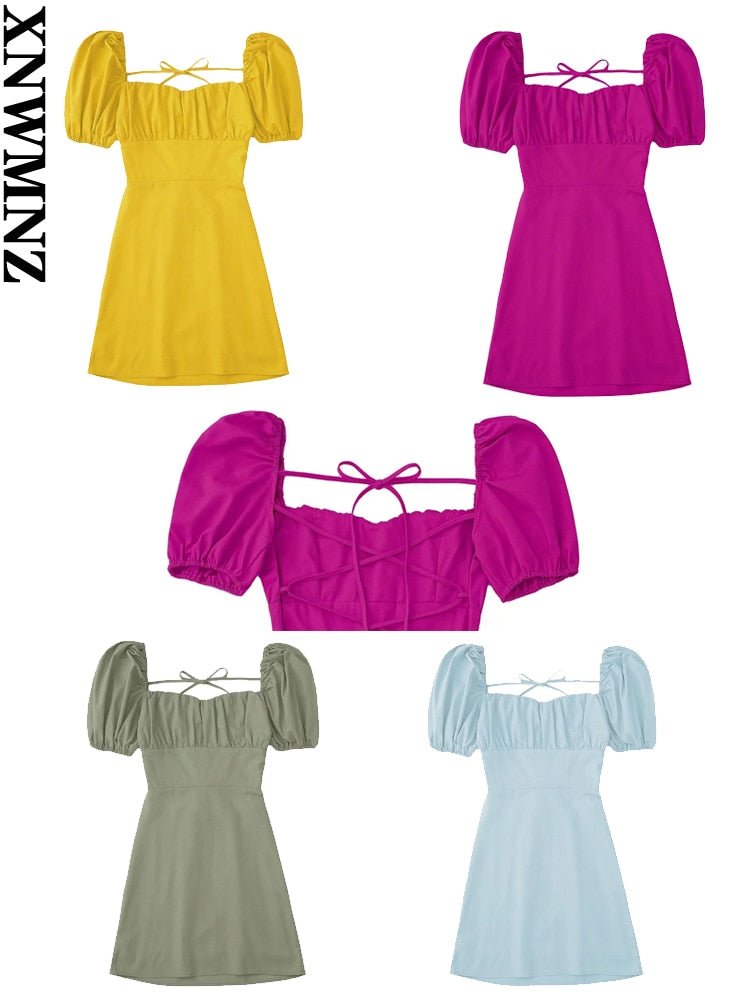 XNWMNZ women white fashion linen blend dress female square neck short puff sleeves backless crossover straps dress for women's