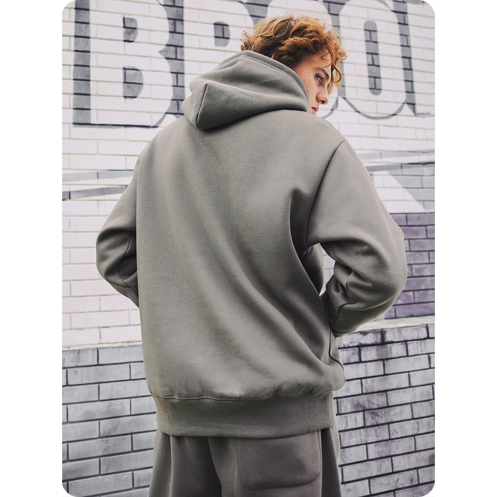 INFLATION Solid Color Fleece Hoodies Men Winter Thick Warm Hooded Sweatshirts Unisex Blank Pullovers