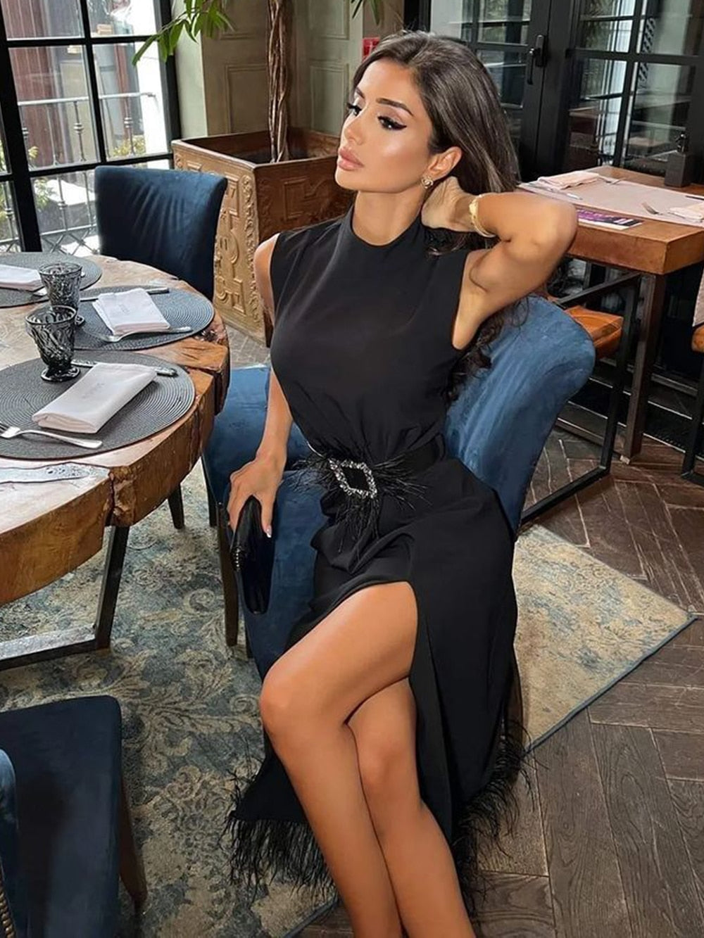 Fashion Black Feather Split Midi Bandage Dress New Summer Women's Sexy Sleeveless Belted Celebrity Club Party Dress Vestidos