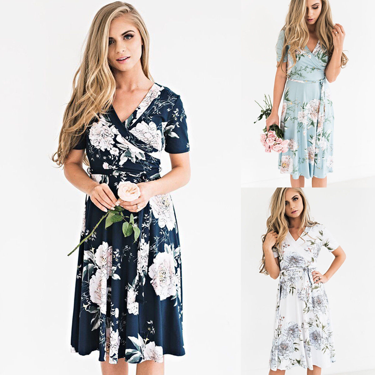 Women&#39;s Boho Chiffon Midi Casual Printed Dresses Evening Party Beach Dress Floral Sundress