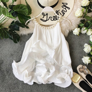 Women's Tops Summer Halter Beading Curled Chiffon Shirt Ruffled Loose Baby Shirt Sleeveless Tops Women Blouse ML843