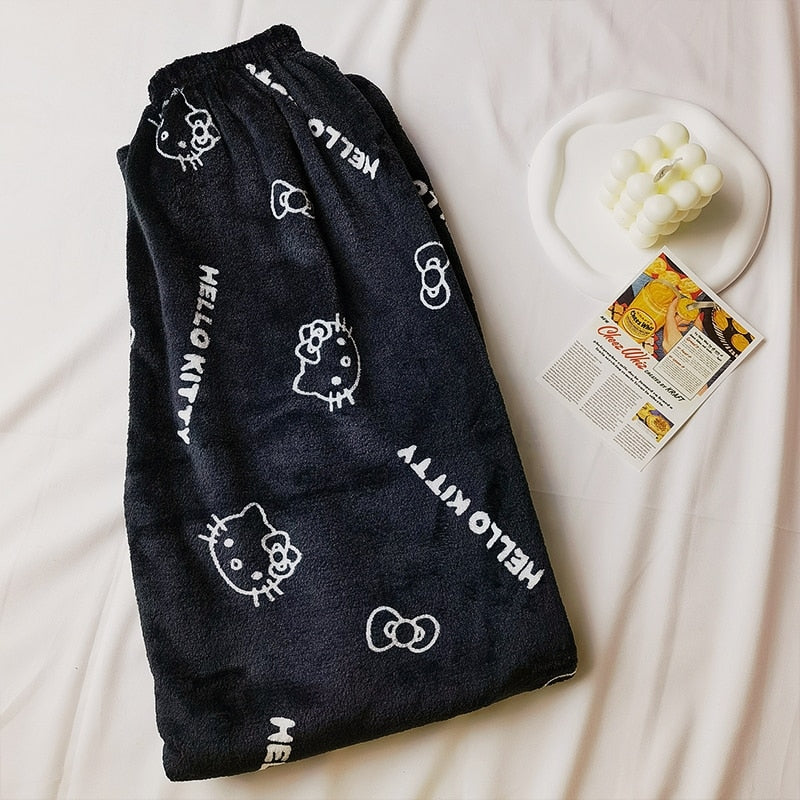 Sanrio Anime Hello Kitty Flannel Pajamas Black Women&#39;s Warm Woolen Cartoon Casual Home Pants In Autumn Winter Fashion Trousers