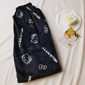 Sanrio Anime Hello Kitty Flannel Pajamas Black Women&#39;s Warm Woolen Cartoon Casual Home Pants In Autumn Winter Fashion Trousers