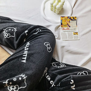 Sanrio Anime Hello Kitty Flannel Pajamas Black Women&#39;s Warm Woolen Cartoon Casual Home Pants In Autumn Winter Fashion Trousers