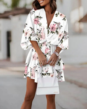 Women&#39;s Sexy V Neck Bat Sleeve Mini Dress Boho Floral Print High Waist Elegant Women Ruffle Office Party Dresses Robe