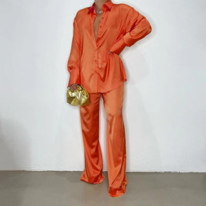 2022 Elegant Satin Women&#39;s Matching Sets Casual Long Sleeve Shirt Straight Pants Suit Female Loose Solid Tops Two Pieces Outfits
