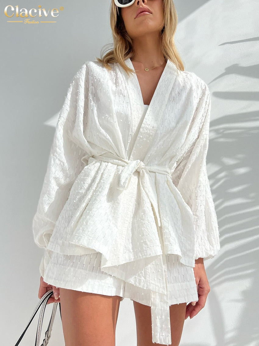Clacive Fashion Long Sleeve Robes Top Two Piece Sets Womens Outifits Autumn Casual White Home Suit Elegant Shorts Women'S Sets