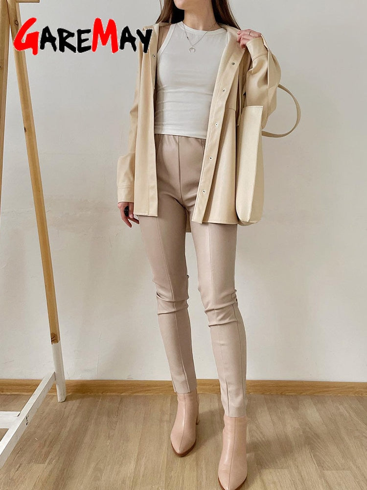Winter Women's Leather Pants Black Slim Zipper Classic Leather Trousers Pencil Beige Tight Pu Faux Leather Pants for Women 2023