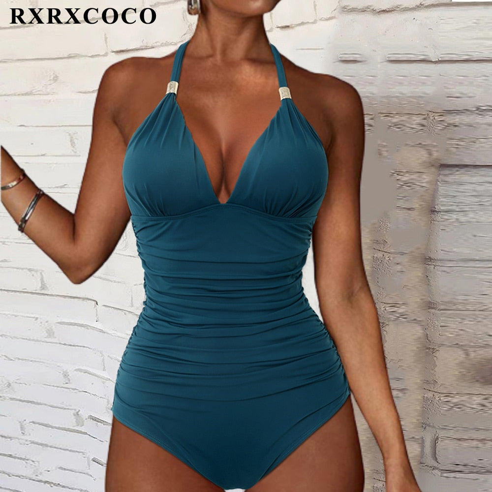 RXRXCOCO Women&#39;s Swimsuit One Piece Push Up Swimwear Women Neck Hanging Backless Sexy Bathing Suit Black Blue Beachwear Swimsuit