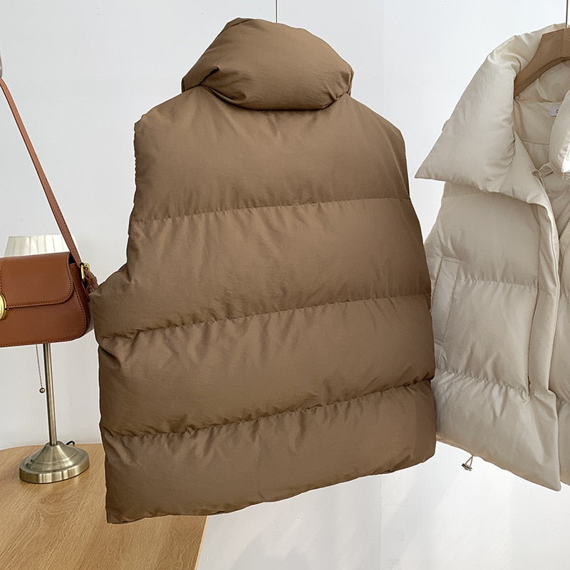 Winter Women&#39;s Vest Stand Collar Zipper Sleeveless Padded Puff Jacket Overcoat Solid Color Loose Drawstring Waistcoat Vest Coat