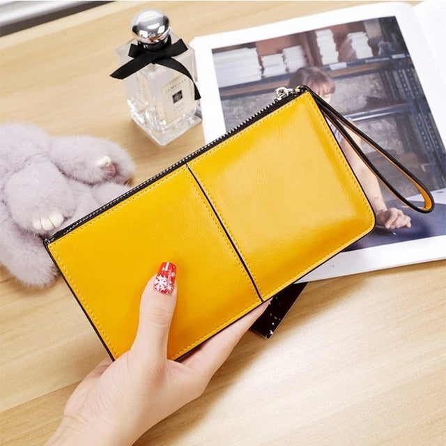 Women&#39;s Vintage Oil Wax Leather Zipper Clutch Wallet Female Large Capacity Coin Purse Ladies Wristband Simple Card Holder Wallet