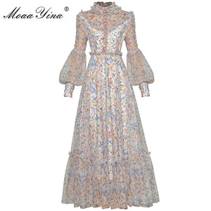 MoaaYina Fashion dress Spring Women&#39;s Dress Stand collar Lantern Sleeve Ruffles Mesh Floral Print vacation Party Maxi Dresses