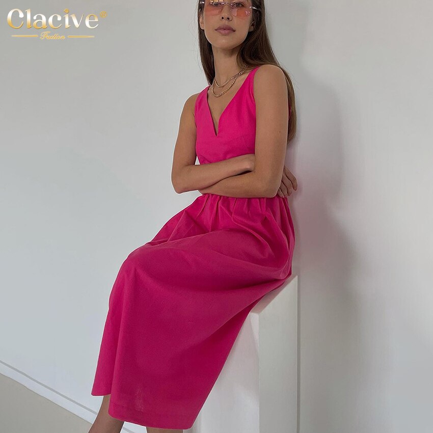 Clacive Summer V-Neck Green Women'S Dress 2022 Casual Loose Sleeveless Office Midi Dresses Elegant Classic Ruched Female Dress